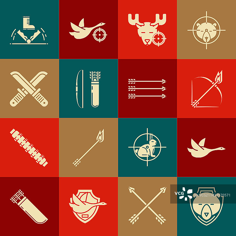 盾牌上的熊头、飞鸭、弓和火焰套装图片素材