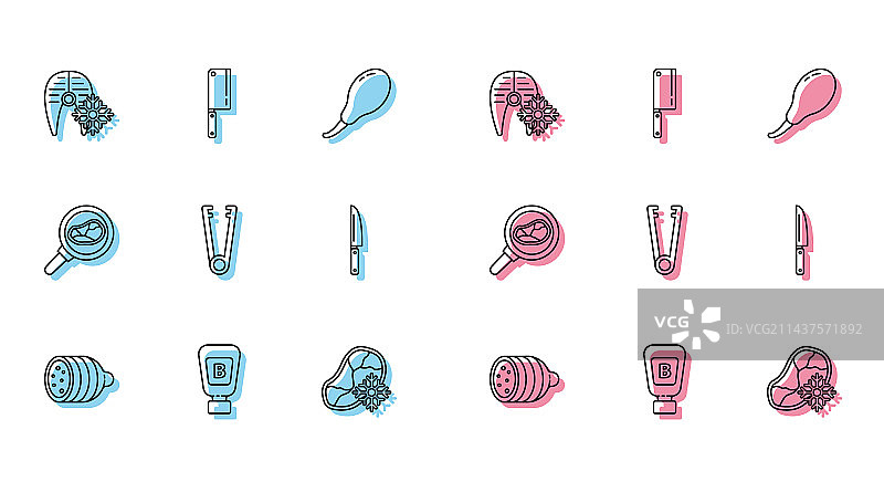 萨拉米香肠、调味酱和新鲜食材系列图标图片素材