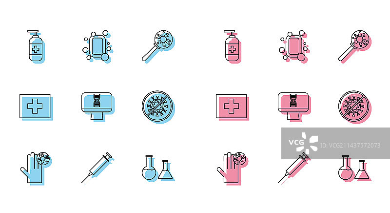 病毒注射器瓶子手部线条组合图片素材