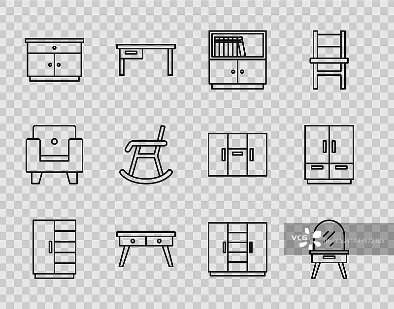 线条家具组合：衣柜、梳妆台、书架图片素材