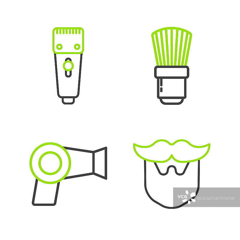 胡子、胡须、吹风机和剃须线条图标图片素材