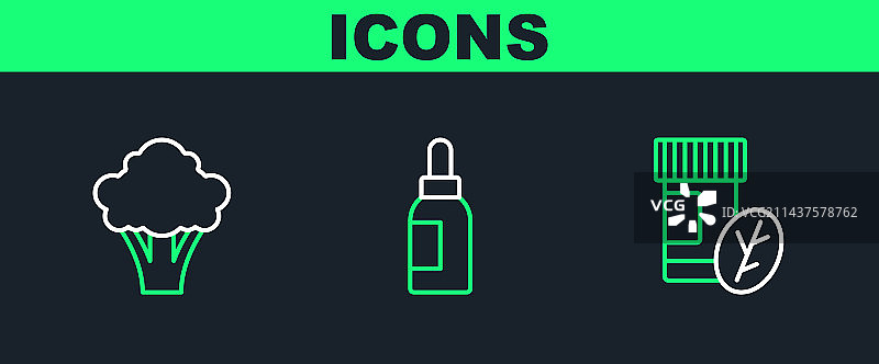 维生素药丸西兰花精油线条组合图片素材