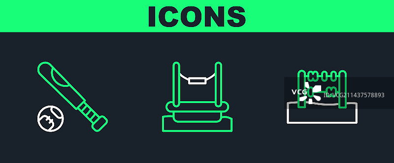 算盘棒球棒和蹦极线性图标图片素材