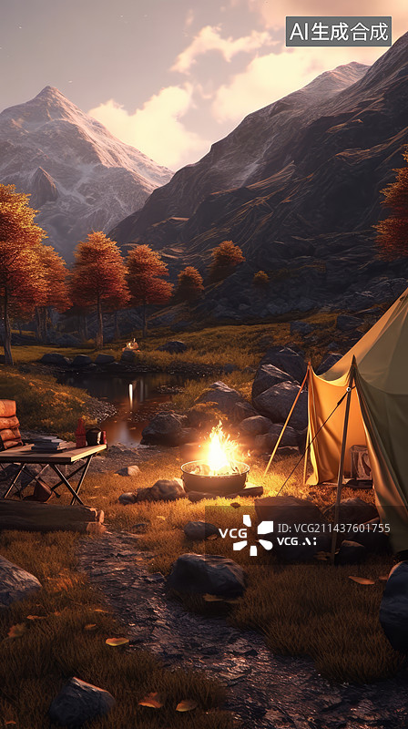 【AI数字艺术】朋友们在野营中玩得开心。野营火的夜景,图片素材