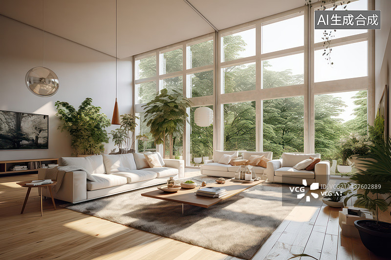 【AI数字艺术】带落地窗的客厅内部，现代样板间里的沙发和窗户图片素材