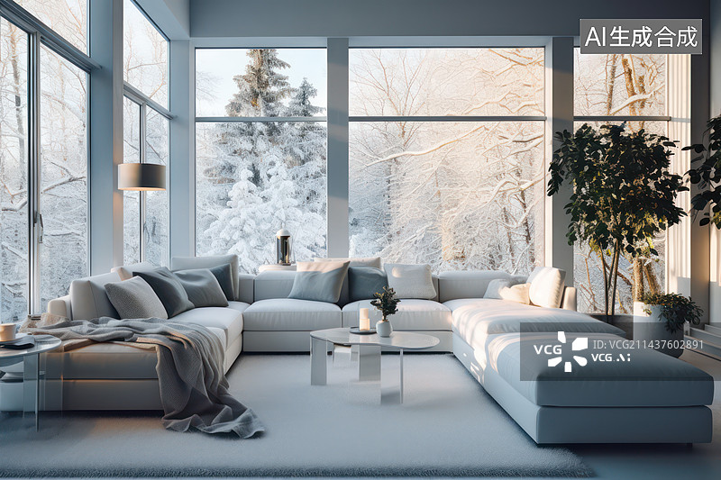 【AI数字艺术】带落地窗的客厅内部，现代样板间里的沙发和窗户图片素材