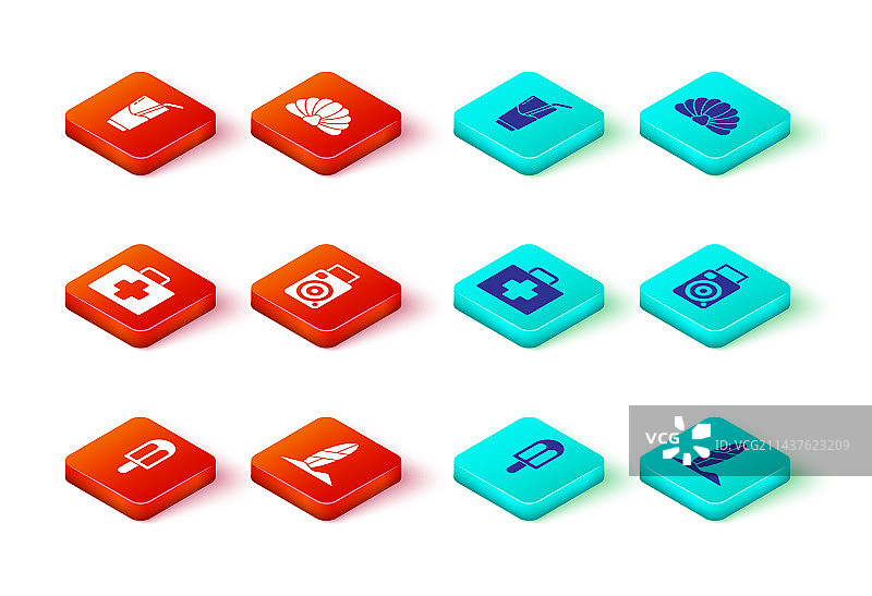 冰淇淋、冲浪板、急救箱和照片组合图片素材