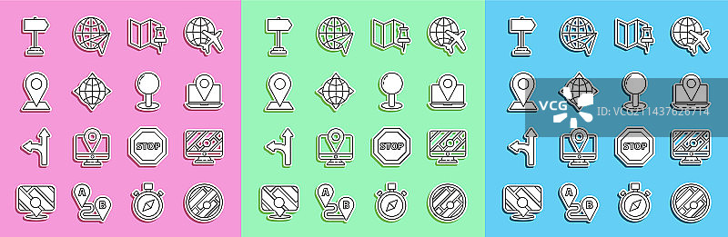 带位置信息的折叠地图、显示器标记等线性组合图片素材