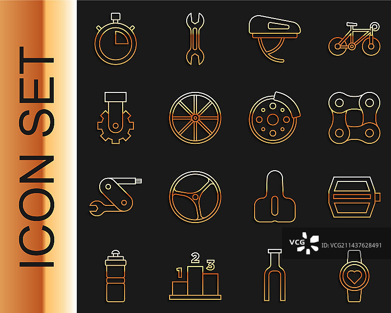 智能手表、自行车脚踏板、链条和头盔线条图标图片素材