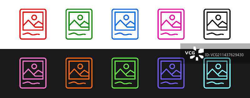 黑色背景上的照片相框图标直线组合图片素材