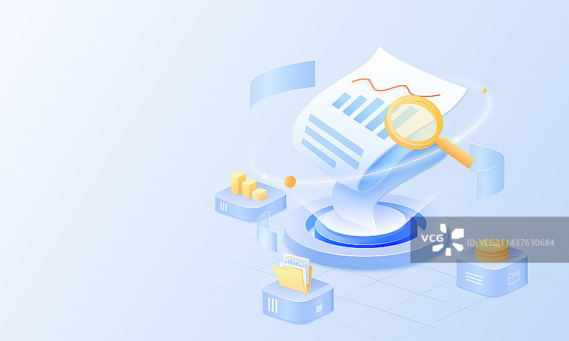 放大镜查看业绩账单数据，业务数据分析投资管理2.5D矢量插画图片素材
