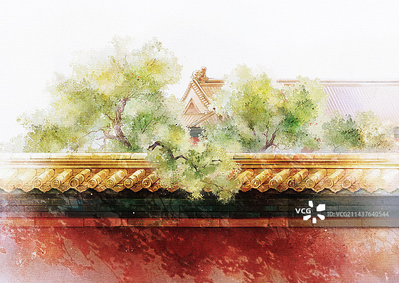 故宫建筑群-水彩水墨古风插画2图片素材