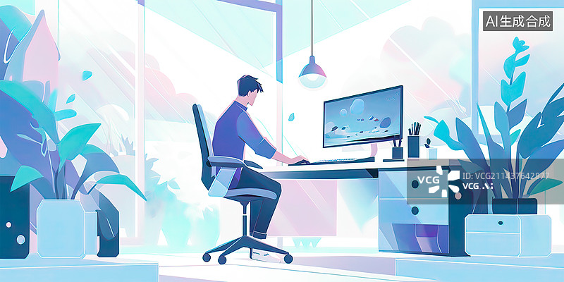 【AI数字艺术】商务人士在工作室办公用电脑工作，扁平风格创意插画图片素材