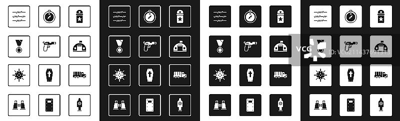V形臂章、手枪或枪支、军事奖励勋章组合图片素材