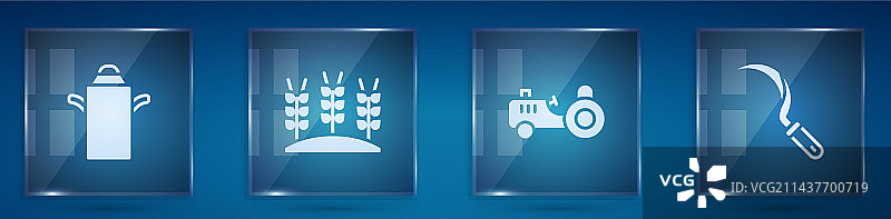 农业用品套装：牛奶罐、小麦、拖拉机图片素材