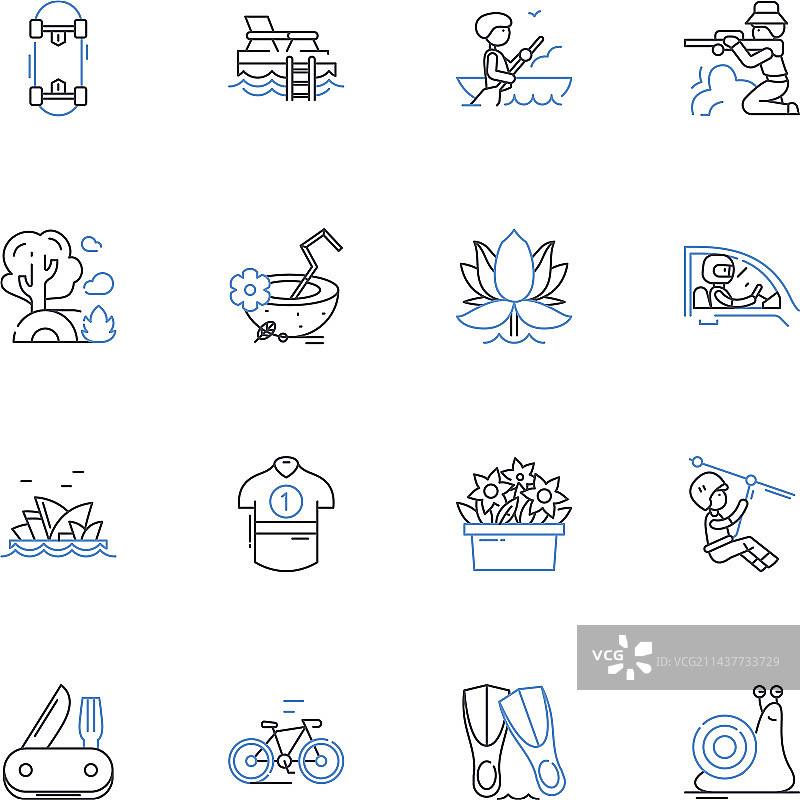 钓鱼旅行线路图标合集，含垂钓船只图片素材