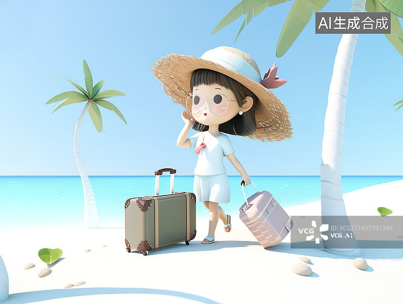 【AI数字艺术】夏天海边旅行概念3d插画图片素材