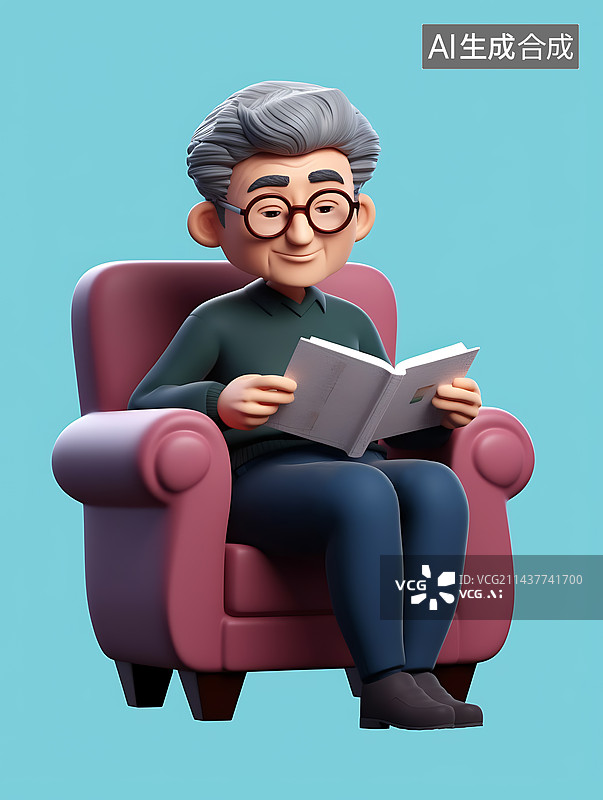 【AI数字艺术】坐在沙发上看书喝茶的老年人3D人物图片素材