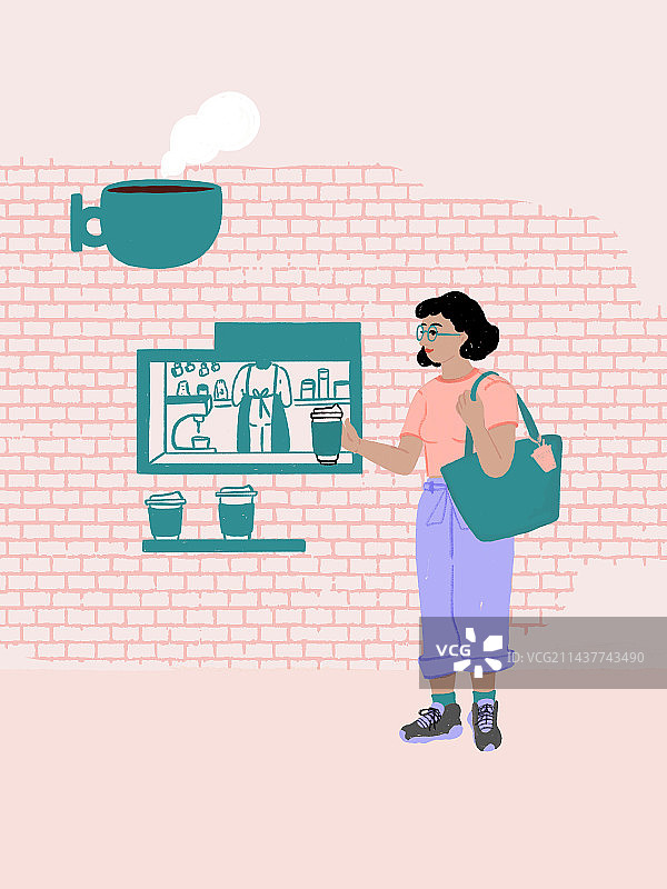 在窗口取咖啡的年轻女性图片素材