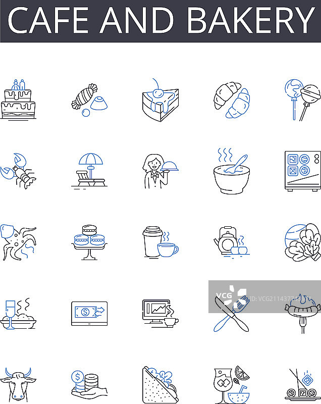 咖啡馆和面包店线性图标集图片素材