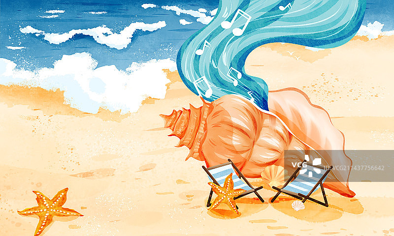 夏季沙滩海螺音乐度假横版插画图片素材