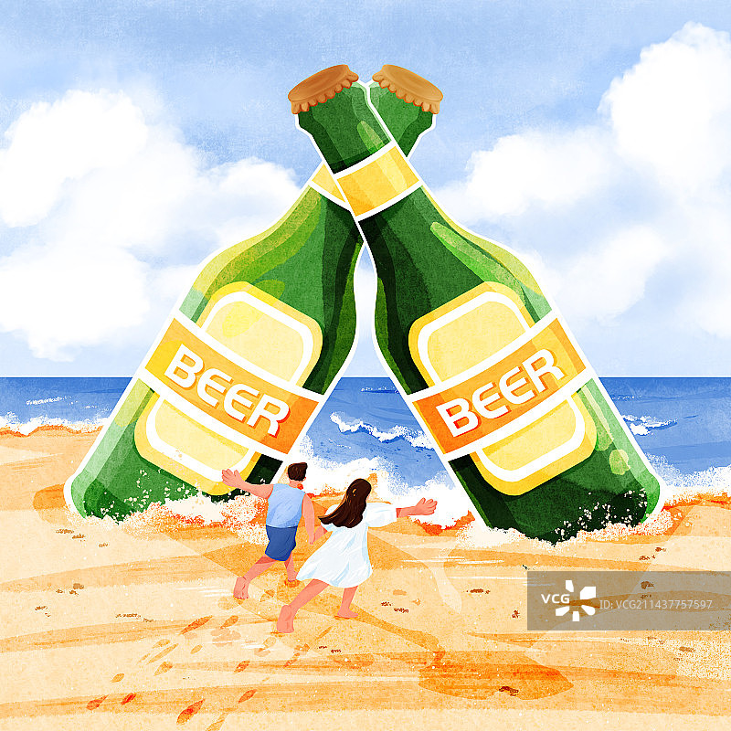 夏季创意奔跑在沙滩上的情侣穿过啤酒瓶插画图片素材
