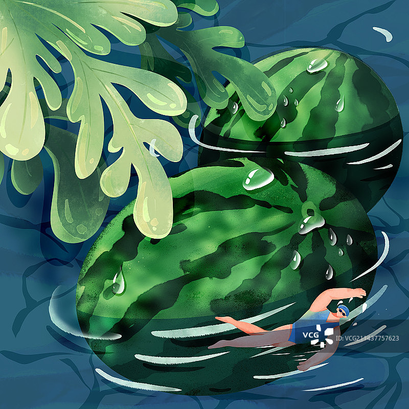 夏季创意浸泡在水里的西瓜池塘游泳插画图片素材