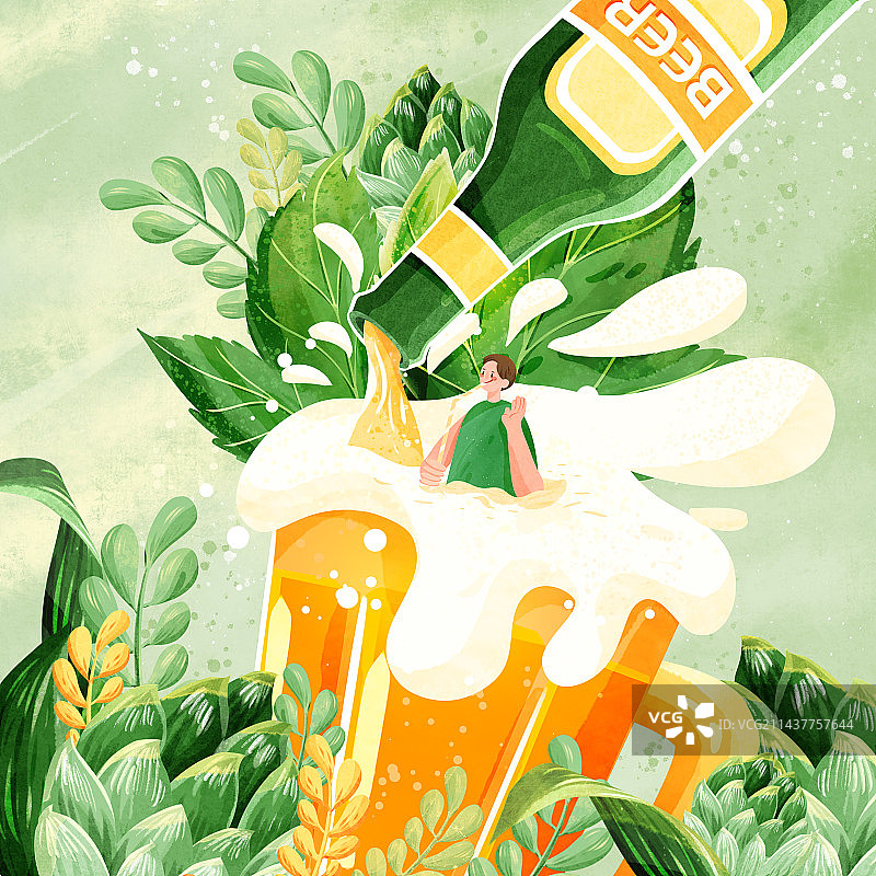 夏季创意在大啤酒杯里喝酒的年轻人插画图片素材