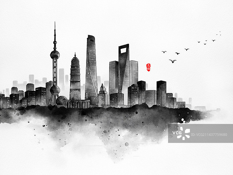 水墨黑白城市上海地标建筑插画图片素材