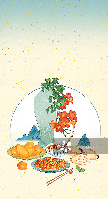 二十四节气小暑美食芒果桂花糯米糖藕藕片绿豆汤凌霄花山水插画图片素材