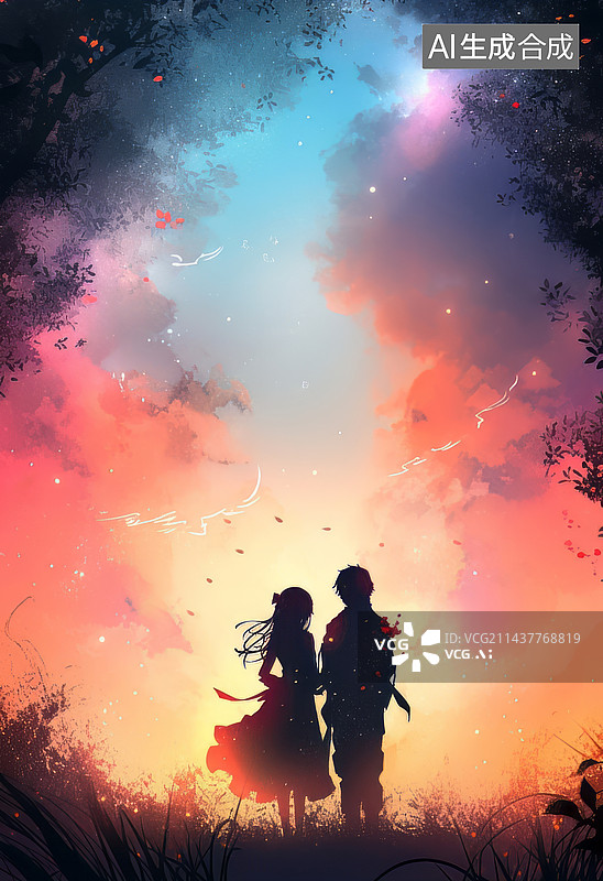 【AI数字艺术】浪漫唯美情侣剪影水彩插画图片素材