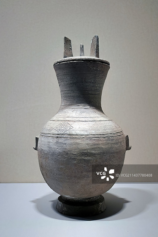 天津博物馆 黑陶鱼鸟纹盖壶图片素材