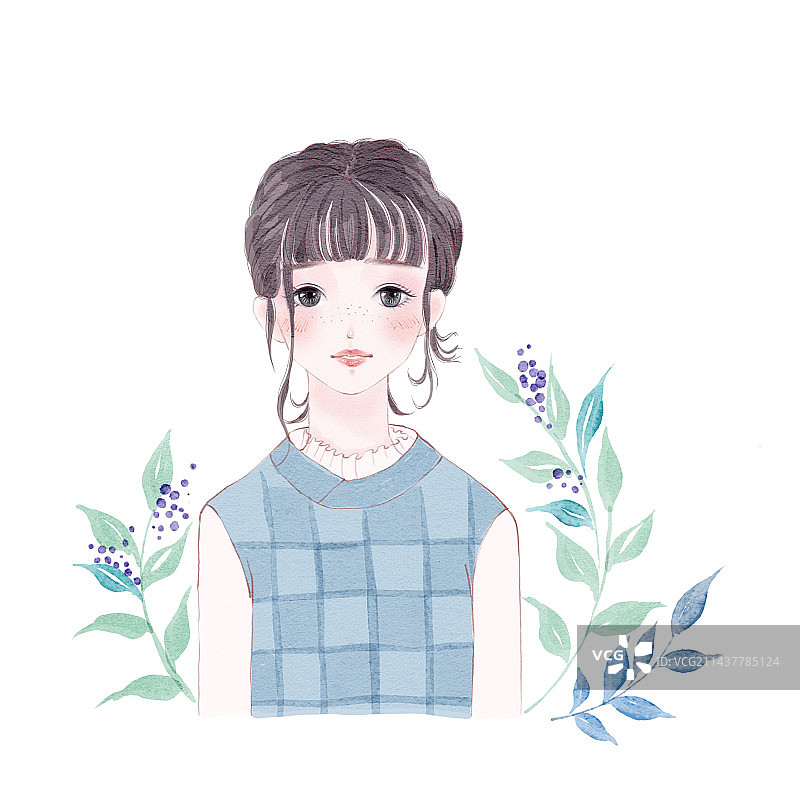 水彩小清新植物花草女孩图片素材