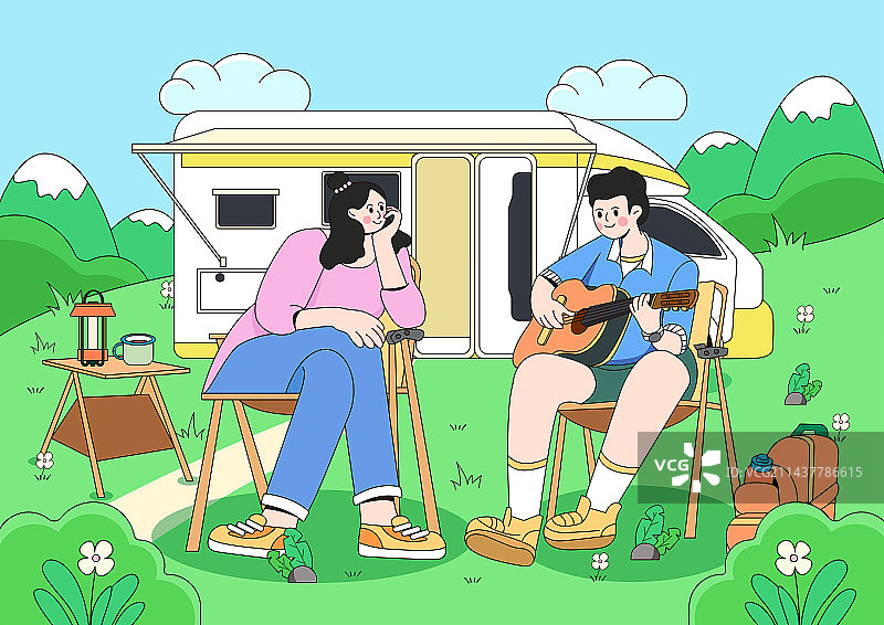 情侣夏季露营自驾游草地帐篷矢量插画图片素材