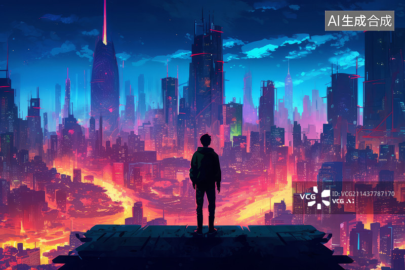 【AI数字艺术】科幻未来城市与一个人的背影图片素材