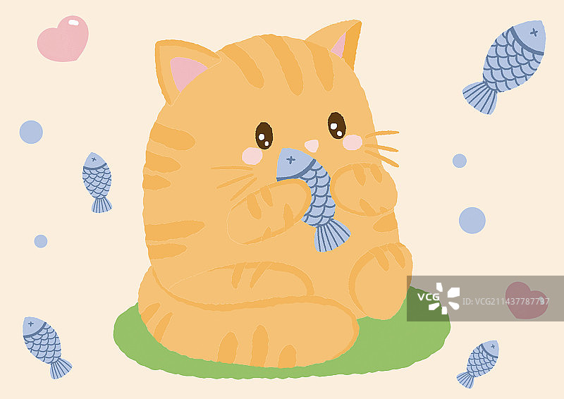 可爱的卡通小猫抱着小鱼坐在草地上图片素材