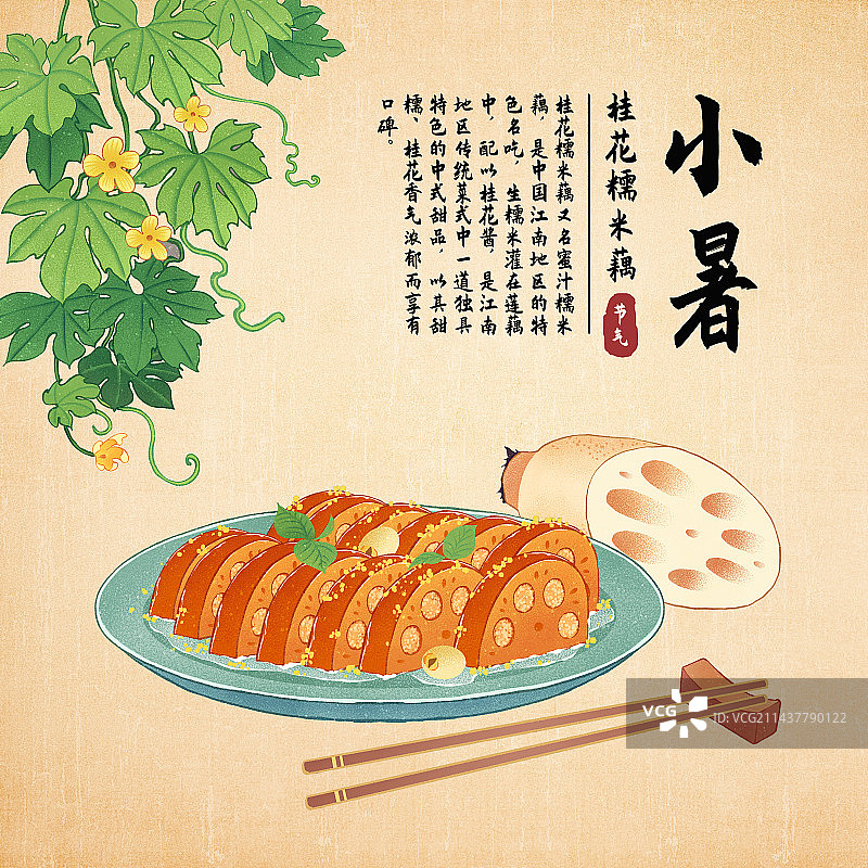 二十四节气小暑美食苦瓜花桂花糯米糖藕藕片插画海报模板图片素材