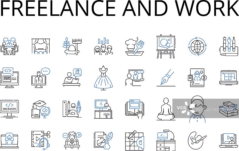 自由职业和工作线性图标合集图片素材