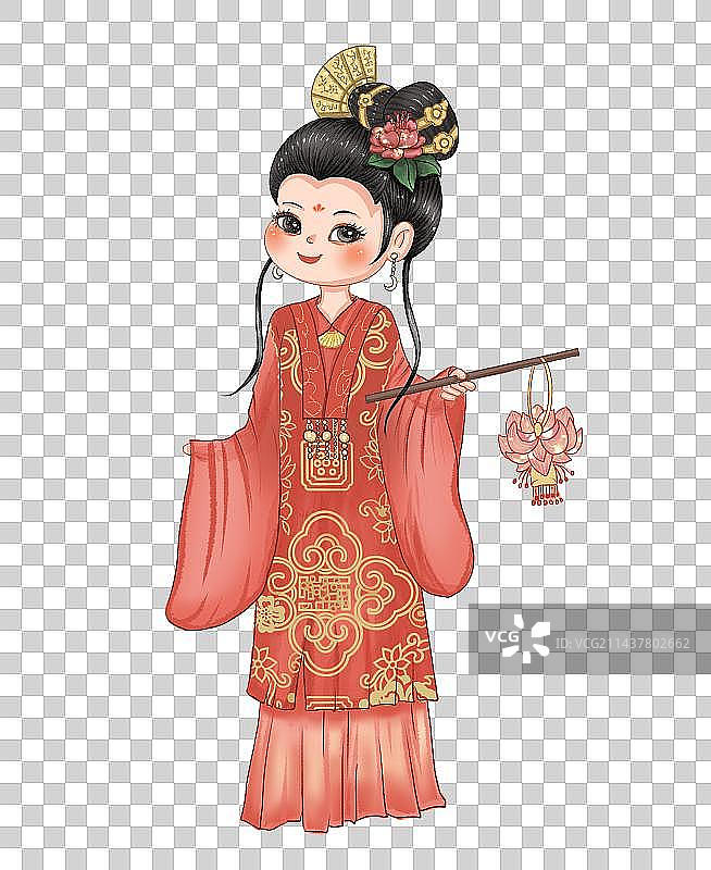 穿着红色汉服提着荷花灯笼的女子图片素材