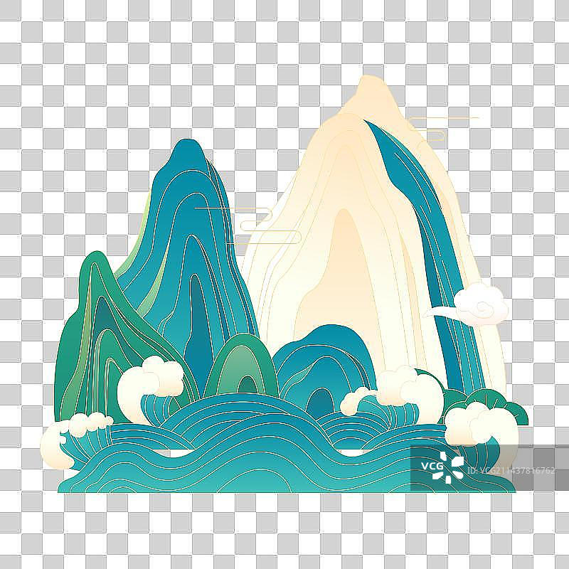 国风山、云和海浪矢量插画元素图片素材