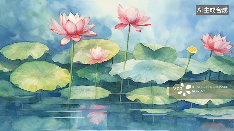 【AI数字艺术】水彩风格荷塘荷花插画图图片素材