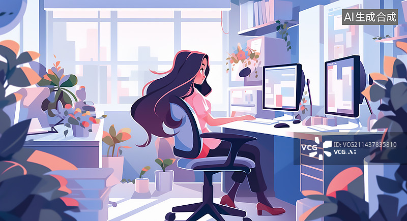 【AI数字艺术】一个年轻长发女孩正在工作，扁平风插画图片素材