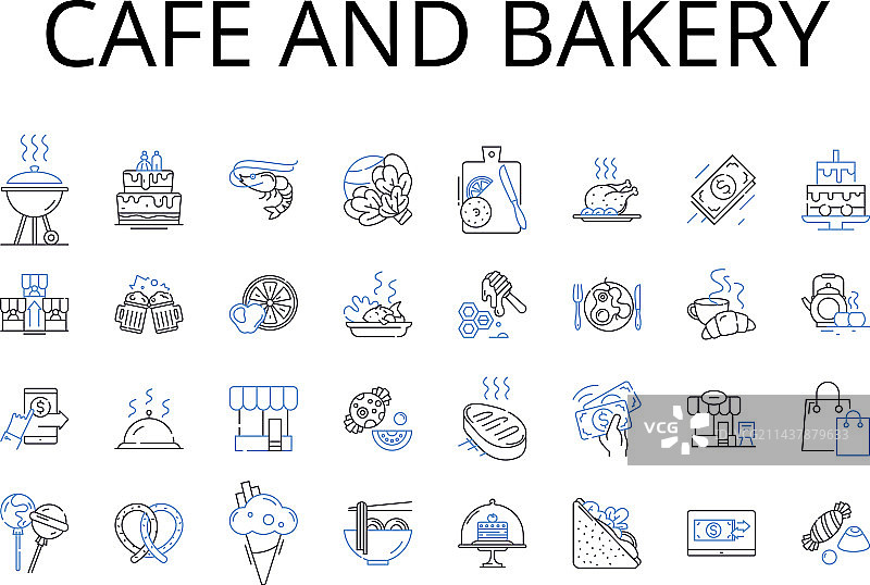 咖啡馆和面包店线性图标集图片素材
