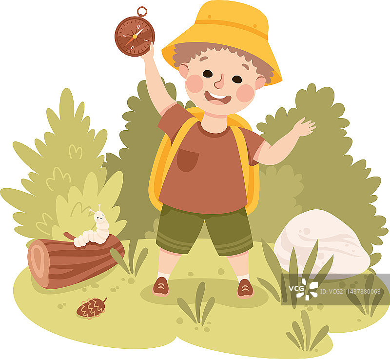 可爱的男孩背着背包和指南针徒步旅行图片素材