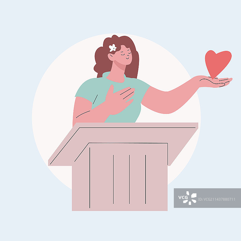 女孩站在全球生态讲台后图片素材