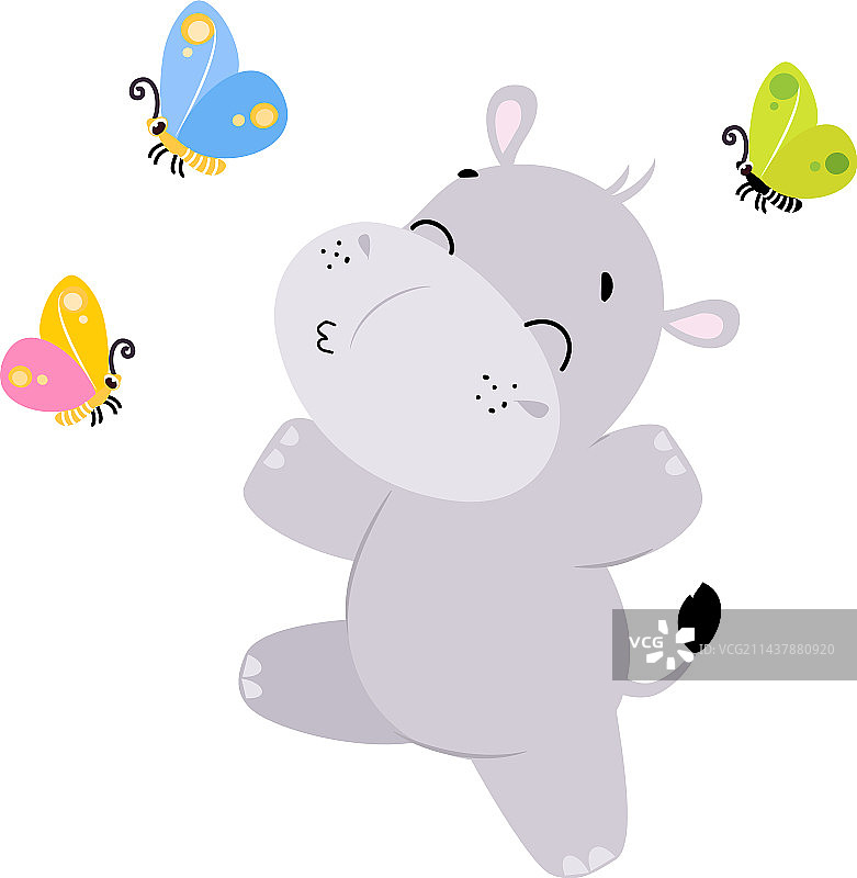 快乐地捕捉飞翔物体的可爱卡通河马图片素材