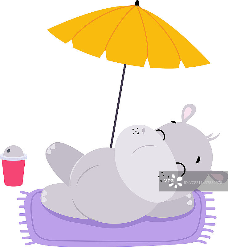 可爱河马角色沙滩晒太阳图片素材