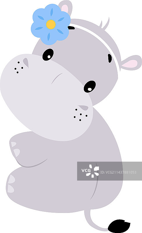 头上戴着蓝色花朵的可爱河马角色图片素材