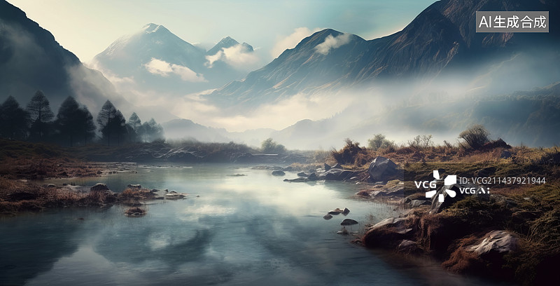 【AI数字艺术】湖面远山雾气3D插画背景图片素材