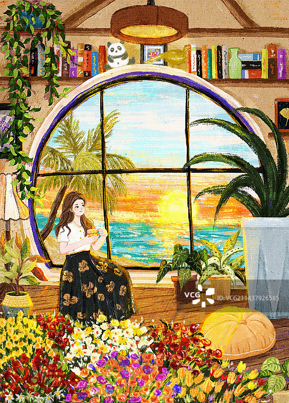 独处女孩的居家生活房间里看日出插画图片素材